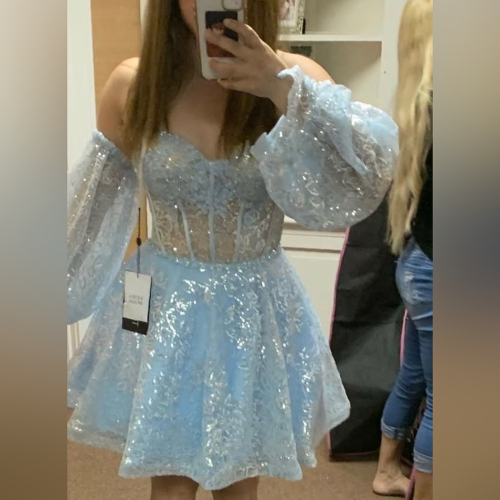 Sherri Hill Light Blue Lace Dress with Sheer Bodice